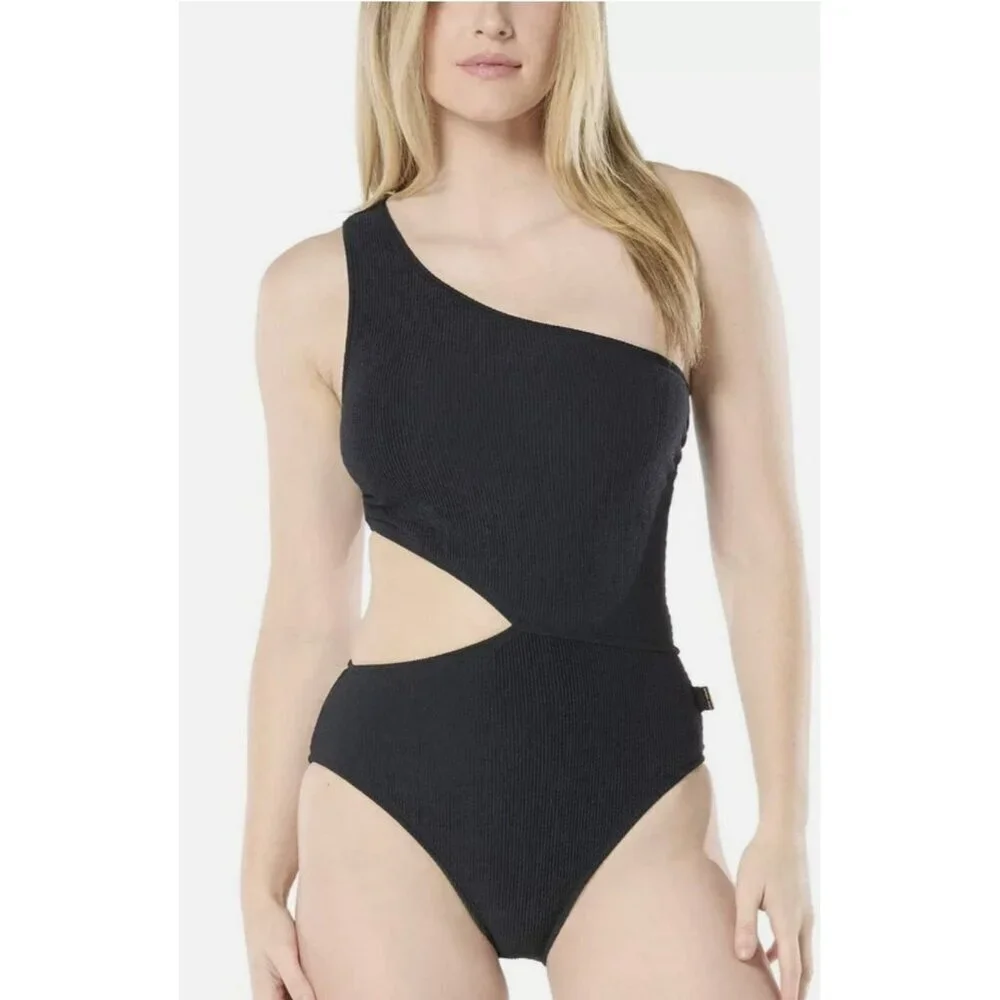 Michael Kors Black One-Shoulder Bathing Suit Ribbed Swimsuit Size 14 NWT